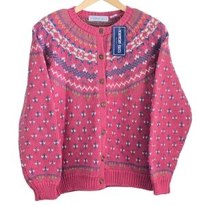 *NWT* NORTHERN ISLES Vintage Colorful Pink Fair Isle Sweater, Vtg Pink Cardigan